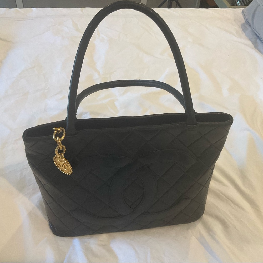Brown Quilted Tote Bag with Gold Charm